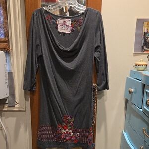 Johnny Was Gray Dress with Red Embroidery
